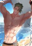  1boy abs absurdres achilles_(fate) achilles_(fearless_diver)_(fate) arms_up beach collarbone fate/grand_order fate_(series) green_hair haruakira head_tilt highres holding holding_surfboard large_pectorals male_focus male_swimwear muscular muscular_male navel one_eye_closed open_mouth orange_eyes orange_male_swimwear pectorals shore short_hair solo surfboard swim_trunks teeth topless_male undercut water_drop wet 
