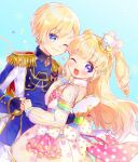  1boy 1girl ;d aiguillette blonde_hair blue_eyes blue_jacket blush bow brother_and_sister commentary_request dress epaulettes fake_wings gold_trim hand_on_own_cheek hand_on_own_face hand_up heart holding_hands idol_time_pripara jacket long_hair long_sleeves looking_at_viewer one_eye_closed open_mouth pretty_series pripara purple_eyes ringlets short_hair siblings smile standing star_(symbol) star_print touyama_soboro two_side_up white_bow white_dress white_wings wings yumekawa_shogo yumekawa_yui 