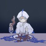  1boy blood blue_blood blue_hair brown_hair captain_nemo_(fate) closed_mouth commentary_request cup dark_background dead_animal drinking_glass empty_eyes fate/grand_order fate_(series) fork frown gradient_hair green_eyes hand_on_own_chin hat_feather head_rest high_collar holding holding_fork light_particles long_hair long_sleeves looking_at_viewer low_twintails male_focus multicolored_hair nemo_(fate) octopus plate sanpaku shaded_face shoulder_boards sidelocks solo stab table tentacles tokiwa_akira twintails white_headwear wine_glass 