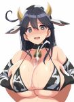  1girl animal_ears animal_print bell bikini black_collar black_hair breasts breasts_squeezed_together bright_pupils brown_eyes censored collar collarbone cow_ears cow_horns cow_print cowbell cum cum_on_body cum_on_breasts ejaculation elbow_gloves fake_animal_ears gloves hair_between_eyes hair_over_shoulder highres horns kantai_collection kloah long_hair mosaic_censoring open_mouth paizuri penis sweat swimsuit two-tone_bikini two-tone_gloves ushio_(kancolle) white_pupils 