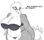  anthro avian beak big_breasts bird body_pattern bra breasts butt canid canine chest_tuft clothed clothing columbid curvy_figure digital_media_(artwork) fan_character feathers felid female fur hair lingerie looking_at_another mammal nightgown open_mouth pigeon solo sos_or_loss text thong translucent translucent_clothing tuft underwear voluptuous 
