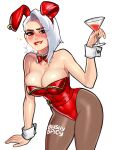  1girl animal_ears artist_name ashe_(overwatch) bare_shoulders biting blush blushyspicy bow bowtie breasts brown_pantyhose cleavage cocktail_glass cowboy_shot cup detached_sleeves drinking_glass earrings fake_animal_ears hand_up highres holding holding_cup jewelry large_breasts leaning_forward leotard lip_biting medium_hair overwatch pantyhose rabbit_ears red_bow red_bowtie red_eyes red_leotard shiny_skin simple_background smile solo teeth white_background white_hair wrist_cuffs 