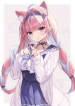  1girl absurdres ahoge animal_ears blue_skirt braid breasts cat_ears choker collarbone frills heart heart_hands highres hololive jacket large_breasts minato_aqua multicolored_hair pink_eyes pink_hair ribbon_choker skirt twin_braids uneti_1 virtual_youtuber 