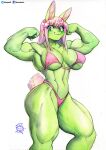  anthro big_breasts bikini breasts clothed clothing female flexing green_body hair lagomorph leporid mammal murazaki muscular muscular_female pink_hair rabbit simple_background solo swimwear thick_thighs white_background 