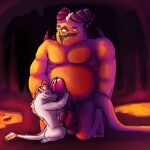  3_eyes 4_balls anthro balls big_dom_small_sub cavern demon dominant duo embrace genitals hi_res holding_head horn hug lava male male/male multi_balls multi_eye multi_genitalia penis penis_hug size_difference tail 