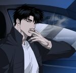  0lkyou 1boy black_hair black_jacket car car_interior cigarette highres holding holding_cigarette jacket moon_shingun motor_vehicle open_clothes open_jacket open_window shirt short_hair shutline smoking solo white_shirt window 