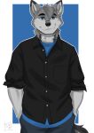  anthro black_eyebrows black_nose blue_background blue_eyes border bottomwear canid canine canis clothed clothing dipstick_ears eyebrows fur grey_body grey_fur grey_hair grey_inner_ear_fluff hair happy inner_ear_fluff male mammal multicolored_ears pants sajophoe shirt simple_background solo standing tail topwear tuft white_border wolf 