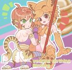  2girls :d :o animal_ears animal_feet animal_hands armlet ass bare_shoulders bell blonde_hair body_fur bottomless breasts breath_of_fire breath_of_fire_ii crossover facial_mark fingerless_gloves fox_girl fox_hat gloves green_eyes medium_breasts moonlight_flower multiple_girls no_pussy open_mouth orange_hair purple_gloves ragnarok_online red_eyes rinpoo_chuan sicky_(pit-bull) sitting smile staff striped_tail tail tiger_ears tiger_girl tiger_tail whisker_markings yellow_headwear 