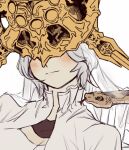  1boy animal blush closed_mouth dark_souls_(series) dark_souls_i dark_sun_gwyndolin dress gold_headwear grey_dress grey_hair highres light_smile otoko_no_ko portrait short_hair snake solo spiked_helmet veil zunkome 