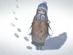  1girl aqua_eyes aqua_hair beanie black_skirt blue_eyes blue_hair boots brown_coat coat covering_mouth duffel_coat earflap_beanie footprints hair_between_eyes hat hatsune_miku highres long_hair long_skirt looking_up mittens pkunooo pleated_skirt pom_beanie skirt snow snowing solo twintails very_long_hair vocaloid 