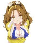  1girl absurdres belt blush breasts brown_hair cleavage coat goggles goggles_on_head highres kouya_no_kotobuki_hikoutai large_breasts long_hair looking_at_viewer mole mole_under_eye poshi_nemiiyo skirt solo white_background yellow_coat yellow_eyes yellow_skirt zara_(kouya_no_kotobuki_hikoutai) 