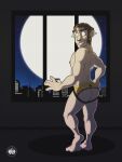  2022 backlighting brown_hair city cityscape clothed clothing facial_hair full_moon grin hair hand_on_hip hi_res human human_only imminent_transformation jockstrap jockstrap_only light lighting male mammal mid_transformation moon mostly_nude night nipples not_furry sideburns sky3 smile solo standing topless transformation underwear underwear_only window 