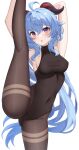  1girl ahoge armpits arms_up bell black_leotard blue_hair blush bodystocking bodysuit breasts brown_pantyhose covered_navel ganyu_(genshin_impact) genshin_impact highres horns leg_lift leg_up leotard leotard_under_clothes long_hair looking_at_viewer low_ponytail medium_breasts neck_bell nyuu_(pixiv12143565) open_mouth pantyhose purple_eyes sidelocks solo split standing standing_on_one_leg standing_split thighlet thighs white_background 