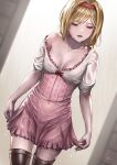  1girl absurdres blonde_hair breasts breasts_apart brown_eyes brown_thighhighs collarbone commentary_request covered_navel djeeta_(granblue_fantasy) dress dutch_angle granblue_fantasy hairband half-closed_eyes highres medium_breasts murasaki-sin off_shoulder open_mouth pink_dress pink_hairband rain short_dress short_hair short_sleeves signature skirt_hold solo thighhighs wet wet_clothes 