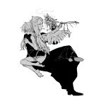  2boys aged_down angel angel_wings barefoot blonde_hair cigarette daybit_sem_void dress fate/grand_order fate_(series) feathered_wings feathers hand_on_another&#039;s_shoulder long_hair male_child male_focus monochrome multiple_boys nobicco profile short_hair simple_background sitting smoke smoking tezcatlipoca_(fate) white_background wings 