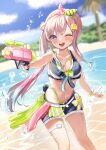  1girl absurdres airani_iofifteen bare_shoulders belt bikini hair_ornament hairband highres hololive multicolored_clothes navel one_eye_closed purple_eyes ribbon swimsuit thigh_belt thigh_strap uneti_1 virtual_youtuber water water_gun 