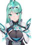  1girl absurdres breasts cleavage evan_(pixiv7510743) green_eyes green_hair hairband hand_on_own_chest highres large_breasts long_hair looking_at_viewer nintendo pneuma_(xenoblade) ponytail sidelocks simple_background smile solo upper_body white_background xenoblade_chronicles_(series) xenoblade_chronicles_2 