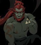  1boy abs armlet beard bunabi clothes_down colored_skin facial_hair feet_out_of_frame ganondorf glowing glowing_eyes gold green_skin hand_up huge_eyebrows long_hair looking_at_viewer male_focus mature_male muscular muscular_male navel nipples official_alternate_costume on_one_knee orange_hair pectorals serious solo stomach tattoo the_legend_of_zelda the_legend_of_zelda:_tears_of_the_kingdom thick_eyebrows topless_male wrinkled_skin 
