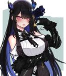  1girl absurdres asymmetrical_horns bare_shoulders bird black_dress black_hair blue_brooch blue_hair blush breasts collared_shirt colored_inner_hair crow crystal_horn demon_horns dress fur_trim hair_ornament heart heart-shaped_pupils highres hololive hololive_english horns large_breasts long_hair looking_at_viewer metal_wings mole mole_under_eye multicolored_hair nerissa_ravencroft red_eyes runa_(runasi) shadow_(nerissa_ravencroft) shirt solo symbol-shaped_pupils two-tone_hair virtual_youtuber white_shirt 