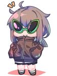  1girl ahoge alien_sunglasses brown_jacket chibi closed_mouth collar cup girls&#039;_frontline hands_in_pockets happy hexaa highres holding holding_cup jacket m200_(girls&#039;_frontline) miniskirt pocket ponytail skirt smile solo 