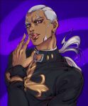  +_+ 1boy absurdres buzz_cut cherry dark-skinned_male dark_skin enrico_pucci food fruit fujoshi_yuuko highres jojo_no_kimyou_na_bouken licking licking_finger long_hair looking_at_viewer male_focus ponytail priest purple_eyes saliva saliva_trail short_hair sideburns solo stone_ocean tongue tongue_out upper_body very_short_hair white_hair 