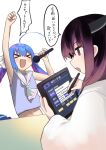  &gt;_&lt; 2girls absurdres ahoge armpits blade blue_hair blush commentary english_text fang hair_over_shoulder hair_ribbon hakumai_(vnbnvnn) hands_up headgear highres holding holding_microphone holding_stylus holding_tablet_pc japanese_clothes jitome karaoke kimono long_sleeves low_twintails microphone midriff midriff_peek multiple_girls navel neckerchief no_headwear open_mouth otomachi_una otomachi_una_(talkex) partially_translated profile purple_shirt raised_fist red_eyes ribbon sailor_collar shirt skin_fang sleeveless sleeveless_shirt smile stylus table tablet_pc talkex touhoku_kiritan translation_request twintails v-shaped_eyebrows voiceroid white_background white_kimono white_neckerchief white_ribbon white_sailor_collar 