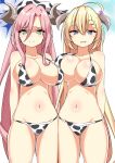  2girls absurdres akari_(blue_archive) alternate_costume animal_print bikini blonde_hair blue_archive blue_eyes blush breasts cow_print green_eyes halo highres horns juri_(blue_archive) large_breasts long_hair looking_at_viewer multiple_girls navel pink_hair shirayuki_aiki simple_background standing swimsuit white_background 