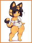  accessory animal_crossing ankh ankha_(animal_crossing) anthro artist_name black_hair blush breasts cat_tail cleavage clothed clothing domestic_cat egyptian felid feline felis female fur goth hair hair_accessory hi_res looking_at_viewer mammal markings mostly_nude nauskills nintendo oversized_shirt panties pantsless purple_eyes shirt short_stack simple_background solo standing tail tail_markings thick_thighs topwear underwear white_background white_clothing white_panties white_shirt white_topwear white_underwear wide_hips yellow_body yellow_fur 
