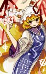  absurdres animal_ears animal_hat blonde_hair dress fox_ears fox_tail frilled_dress frills hat highres holding ichirugi kitsune long_sleeves mob_cap multiple_tails shikigami short_hair tail touhou white_dress white_headwear wide_sleeves yakumo_ran yellow_eyes 