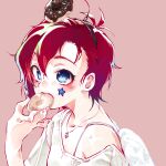  1girl absurdres antenna_hair blue_eyes blush collarbone doughnut eating food highres idolmaster idolmaster_million_live! julia_(idolmaster) nitta_hiroto pink_background red_hair short_hair simple_background single_bare_shoulder solo star_sticker sticker_on_face upper_body 