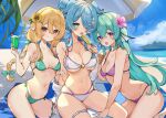  3girls beach bikini breasts cleavage elira_pendora fairy finana_ryugu fins fish_girl hair_behind_ear head_fins highres large_breasts lazulight long_hair multiple_girls nijisanji nijisanji_en oimo_0imo pointy_ears pomu_rainpuff short_hair swimsuit virtual_youtuber 