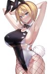  1girl animal_ears arm_behind_head armpits arms_up bare_arms black_bow black_bowtie black_one-piece_swimsuit blonde_hair blue_eyes bow bowtie breasts commentary_request covered_navel detached_collar fake_tail fishnet_pantyhose fishnets hair_between_eyes highres large_breasts one-piece_swimsuit original pantyhose parted_lips playboy_bunny rabbit_ears rabbit_tail sanshoku_amido sideboob simple_background solo standing swimsuit tail taut_clothes taut_swimsuit two-tone_swimsuit white_background white_one-piece_swimsuit 