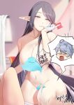  ! !! 1boy 1girl adele_(maplestory) biting black_hair breasts charles_(gu599) condom curtains expressionless glove_biting gloves holding holding_condom large_breasts long_hair maplestory mature_female navel nude pointy_ears slime_(creature) solo_focus towel 