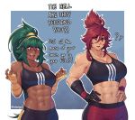  !? 2girls ? abs bandaged_arm bandages border breast_envy breasts dark-skinned_female dark_skin english_commentary english_text green_hair isabongos large_breasts multiple_girls muscular muscular_female navel open_mouth original ponytail red_eyes red_hair sharp_teeth sports_bra sweat teeth tongue twitter_username white_border 