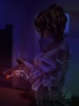  1girl a.x. breasts brown_hair cigarette cup drinking_glass highres holding holding_cigarette indoors large_breasts medium_hair original partially_unbuttoned ponytail shirt smoke solo table white_shirt wine_glass 