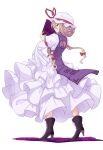  1girl benizuwai blonde_hair boots bow dress frilled_dress frills from_behind hair_bow hat hat_ribbon high_heels mob_cap purple_tabard red_ribbon ribbon simple_background solo tabard touhou white_background white_dress white_headwear wide_sleeves yakumo_yukari yellow_eyes 