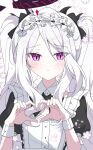  1girl black_halo blue_archive blush breasts commentary hair_ornament hair_ribbon hair_scrunchie halo heart heart_hands highres hina_(blue_archive) long_hair maid maid_headdress pale_skin purple_eyes purple_halo ribbon scrunchie seno_(senohime) small_breasts two_side_up white_hair 