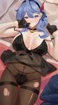  1girl absurdres ako_(blue_archive) bed bed_sheet bell black_bra black_pantyhose blue_archive blue_eyes blue_hair bra breasts choker copyright_request haerge headband highres lingerie long_hair lying neck_bell on_bed pantyhose underwear 