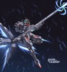  artist_name beam_cannon character_name commentary english_commentary firing glowing glowing_eyes green_eyes gundam gundam_calibarn gundam_suisei_no_majo highres holding holding_cannon holding_weapon jellen_squish looking_ahead mecha mobile_suit no_humans robot science_fiction solo space thrusters v-fin weapon 