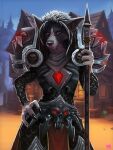  2023 4_fingers anthro armor belt black_hair black_nose blizzard_entertainment breasts canid claws clothed clothing female finger_claws fingers fur grey_body grey_fur hair hi_res humanoid_hands mammal np4tch outside plant shoulder_pads signature solo standing tree warcraft were werecanid worgen 