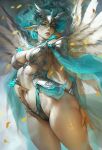  1girl aleriia_v aqua_eyes aqua_hair artist_name bracer breasts dutch_angle forehead_protector hair_between_eyes highres large_breasts lips long_hair long_pointy_ears looking_at_viewer navel original pointy_ears see-through solo web_address wings 