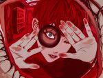 1boy against_glass close-up commentary_request eye_focus hands_up highres indoors kagoya1219 looking_at_viewer male_focus monochrome one_eye_closed original parted_lips portrait red_theme short_hair solo tagme 