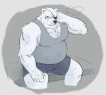  absurd_res alnoodle anthro bear belly black_nose blue_bottomwear blue_clothing blue_shorts bodily_fluids bottomwear bulge clothed clothing digital_media_(artwork) epic_games eye_patch eyewear fortnite fully_clothed fur grey_clothing grey_shirt grey_topwear hi_res looking_at_viewer male mammal mouth_closed musclegut muscular muscular_anthro muscular_male navel_outline overweight overweight_anthro overweight_male pecs polar_bear polar_patroller red_eyes shirt shorts sitting snout solo sweat tank_top topwear ursine white_body white_fur 