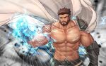  1boy aura bara beard biceps brown_hair cape censored character_request check_character commission covered_abs cowboy_shot dungeon_and_fighter energy_fist facial_hair highres kulolin large_pectorals male_focus male_priest_(dungeon_and_fighter) mature_male multicolored_hair muscular muscular_male mustache no_nipples pants pectorals saint_(dungeon_and_fighter) second-party_source shirt short_hair shoulder_tattoo sidepec solo streaked_hair tattoo tight_clothes tight_shirt topless_male veins veiny_arms video_thumbnail white_cape white_pants 