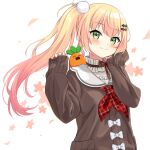  1girl blonde_hair blush bow bowtie brown_bow brown_bowtie brown_jacket choker closed_mouth falling_petals frilled_choker frills gradient_hair green_eyes hair_between_eyes hair_ornament hairclip hand_on_own_face hands_up head_tilt highres hololive jacket konno_(pixiv_15596900) long_hair long_sleeves looking_at_viewer momosuzu_nene multicolored_hair neckerchief nekko_(momosuzu_nene) petals pink_hair plaid_neckerchief pom_pom_(clothes) pom_pom_hair_ornament red_neckerchief sailor_collar school_uniform serafuku side_ponytail sleeves_past_wrists smile solo upper_body virtual_youtuber white_background white_bow white_sailor_collar 
