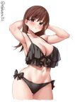  1girl alternate_costume armpits arms_behind_head bare_shoulders bikini black_bikini blush breasts brown_eyes brown_hair collarbone cropped_legs ebifurya frilled_bikini frills highres kantai_collection large_breasts long_hair looking_at_viewer navel one-hour_drawing_challenge ooi_(kancolle) parted_lips simple_background solo stomach strap_gap swimsuit thigh_gap thighs twitter_username white_background 