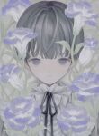  1girl amamanoban black_hair blunt_bangs closed_mouth commentary_request expressionless flower grey_eyes highres looking_at_viewer neck_ribbon original purple_flower ribbon shirt solo straight-on too_many_flowers upper_body white_shirt 