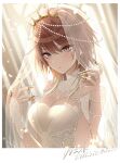  1girl aketa_mikoto alternate_costume blush breasts bridal_veil brown_hair cleavage commentary commission detached_collar dress gem glint highres idolmaster idolmaster_cinderella_girls jewelry light_particles light_rays looking_at_viewer medium_breasts multicolored_eyes pearl_(gemstone) q-v_(levia) ring solo tiara upper_body veil wedding_dress wedding_ring white_dress 