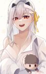  1girl bandages blush breasts cleavage cloud collarbone goddess_of_victory:_nikke headband highres large_breasts long_hair modernia_(nikke) naked_shirt open_mouth red_eyes ribbon shaivify shirt stuffed_toy teeth thighs white_hair yellow_ribbon 