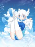  1girl absurdres bird_wings blue_dress blue_eyes blue_footwear blue_sky bow bowtie cloud dress english_commentary flying highres looking_at_viewer nelly_(altsarespicy) open_mouth ribbon shoes short_hair skirt sky socks solo thighhighs twitter white_hair wings yoshizaki_mine_(style) 
